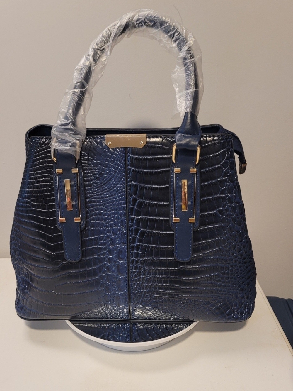Croc-Embossed Structured Satchel in Dark Blue